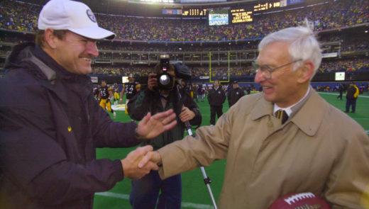Then-Steelers coach Bill Cowher, left, congratulates Steelers owner Dan Rooney after defeating the Washington Redskins 24-3 in the final game at Three Rivers Stadium on Dec. 16, 2000. (Associated Press)