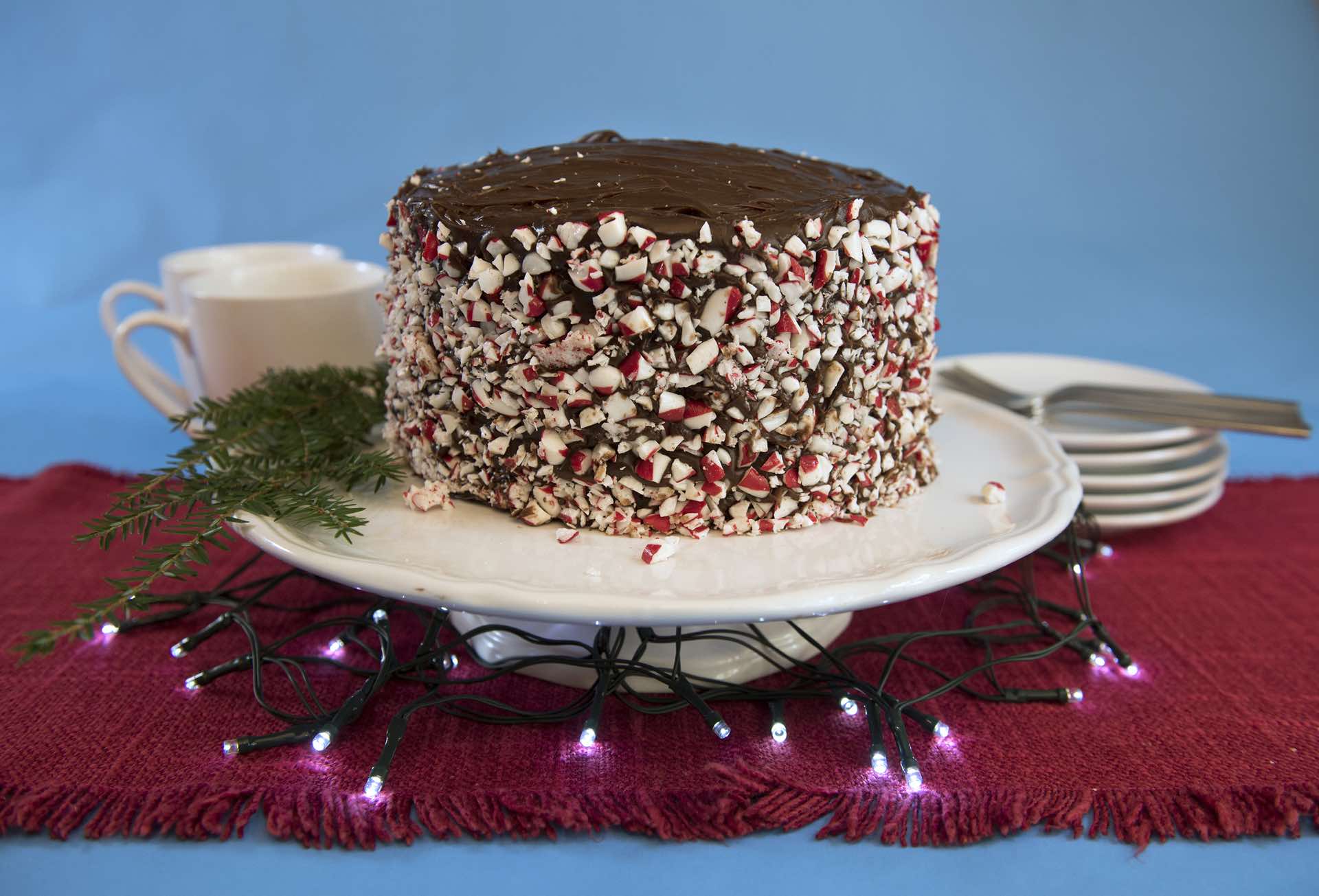 Peppermint chocolate cake made by Marlene Parrish in her home in Mt. Washington. (Haley Nelson/Post-Gazette)