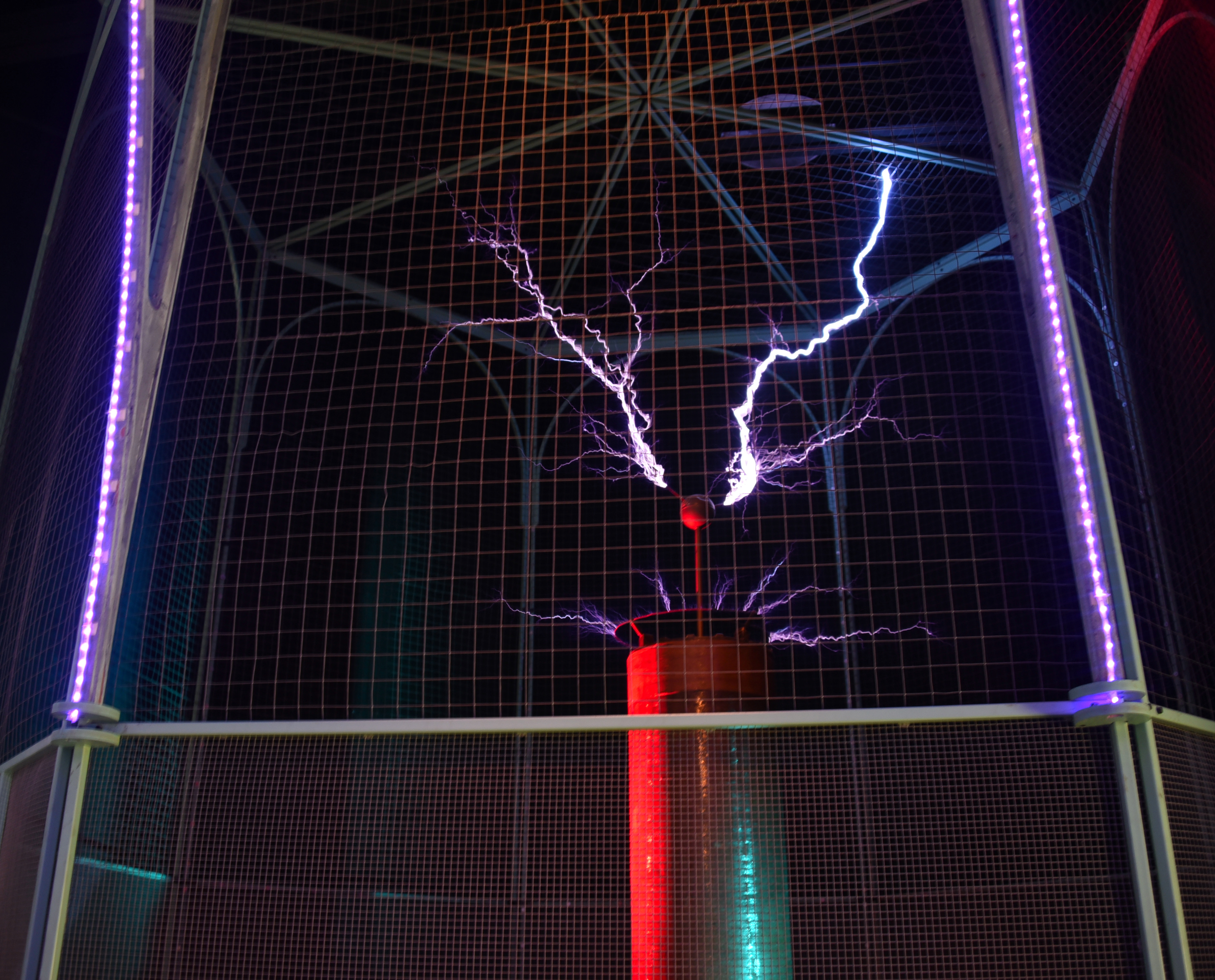 The Carnegie Science Center is home to a 104 year old Tesla coil consisting of 6,000 feet of copper wire that gives off one million volts of electricity. The coil was made by a teenager named George Kaufman of Ben Avon. The center now mostly uses it during their “High Voltage Show” and in shows about light or electricity. (Katelyn Jones/Post-Gazette)