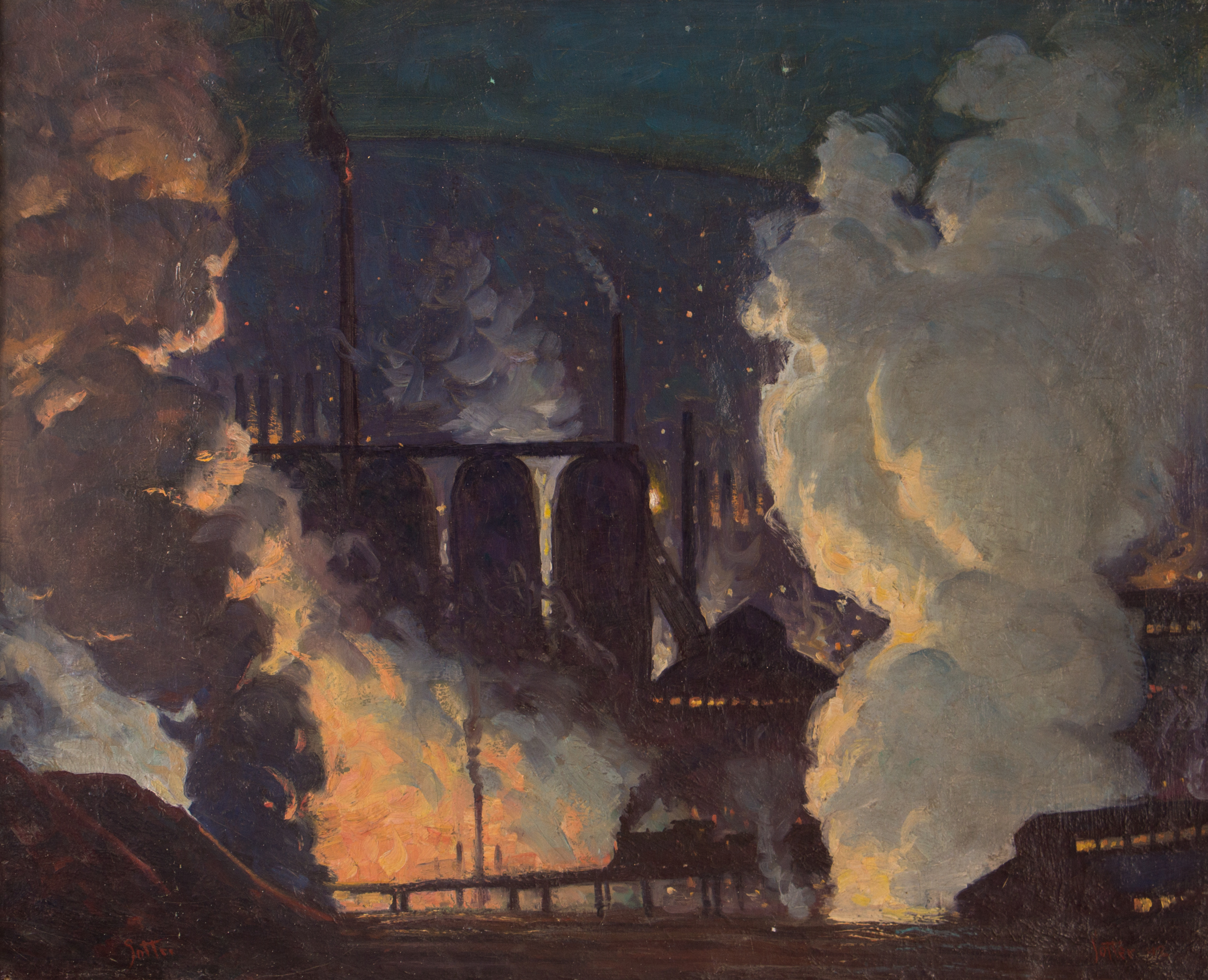 Artist: George William Sotter (American 1879-1953) | Title: Fiery Blast Furnaces at Night, Pittsburgh |Date: 1942 |Photography Credit: Kaela Speicher, Concept Art Gallery.