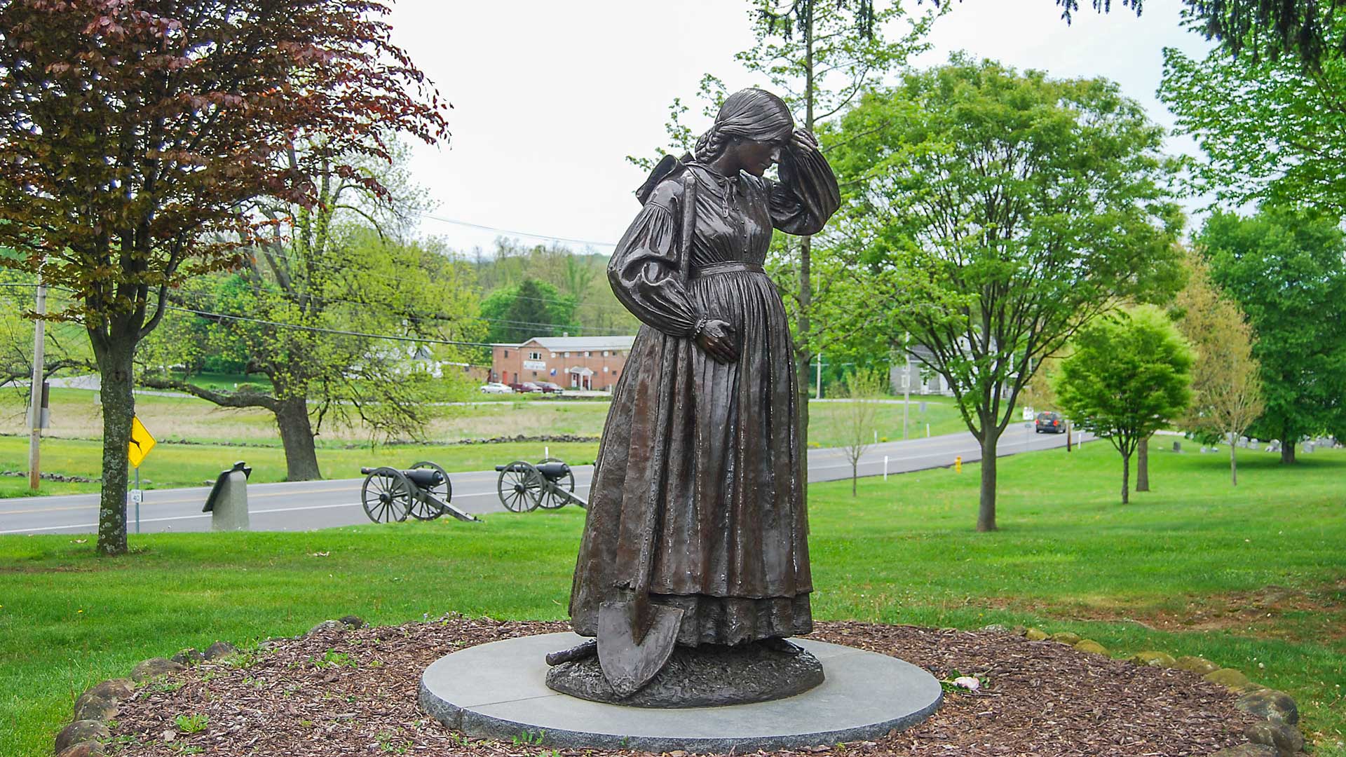 A statue of Elizabeth Masser Thorn at the Evergreen Cemetery Gatehouse. Elizabeth took over as caretaker of the cemetery when her husband, Peter Thorn, joined the Union Army. When the war spilled into Gettysburg, Elizabeth, who was six months pregnant at the time, and her elderly father dug graves for fallen soldiers in the weeks following the battle. (Stephanie Ritenbaugh/Post-Gazette)