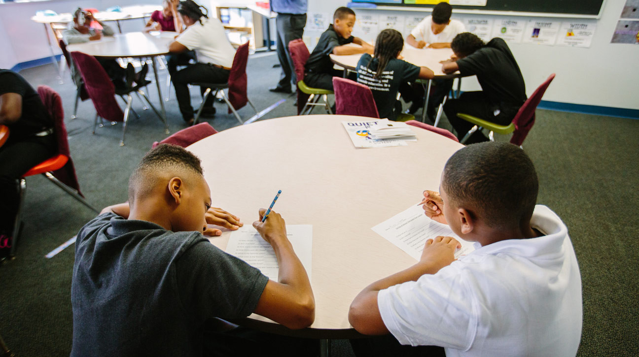 Students take a quiz in Dan Kuban’s fifth grade math class at Manchester Academic Charter on Aug. 26, 2015. (Andrew Rush/Post-Gazette)